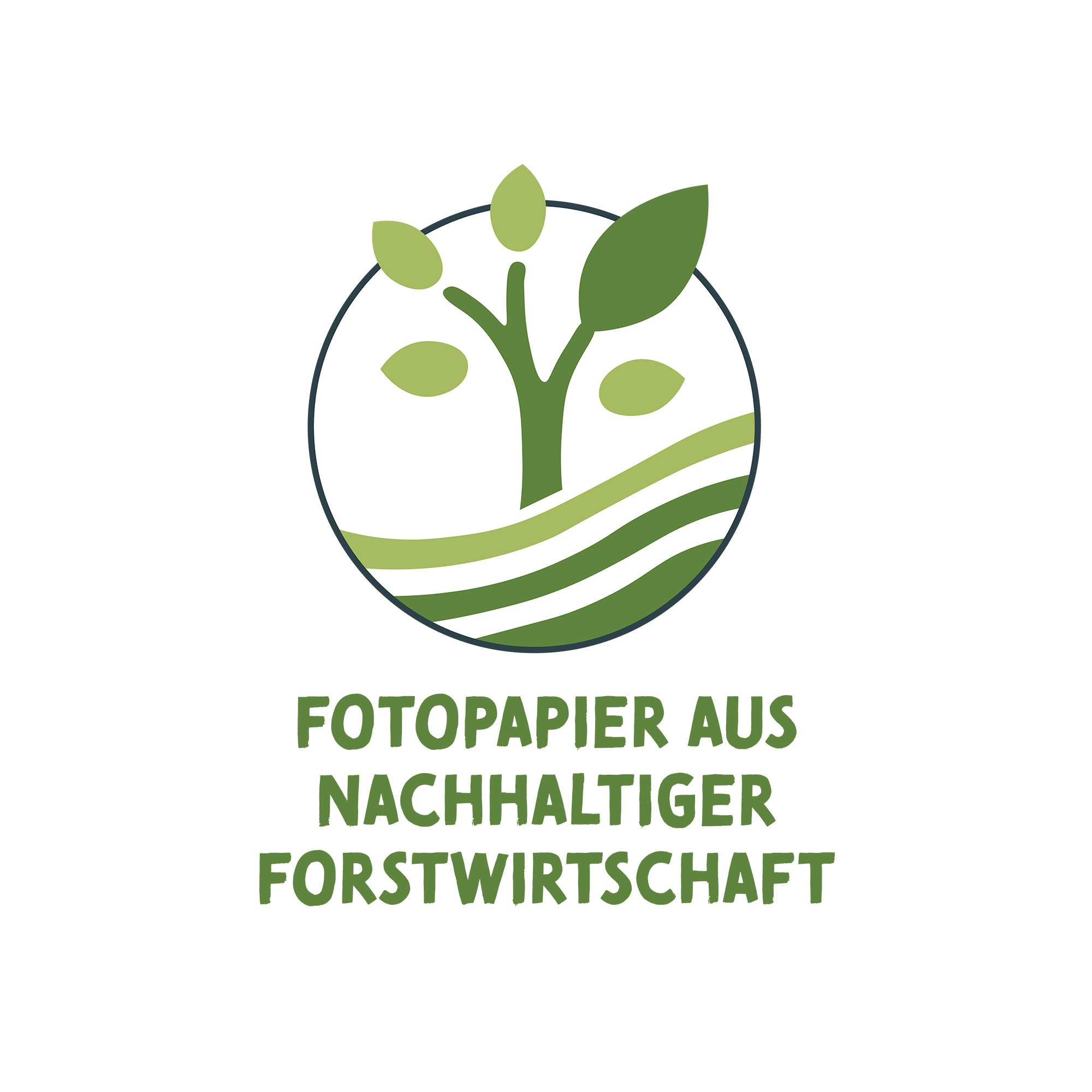 Das Bild zeigt unser firmeneigenes Siegel „Fotopapier aus nachhaltiger Forstwirtschaft“ als Umweltversprechen.